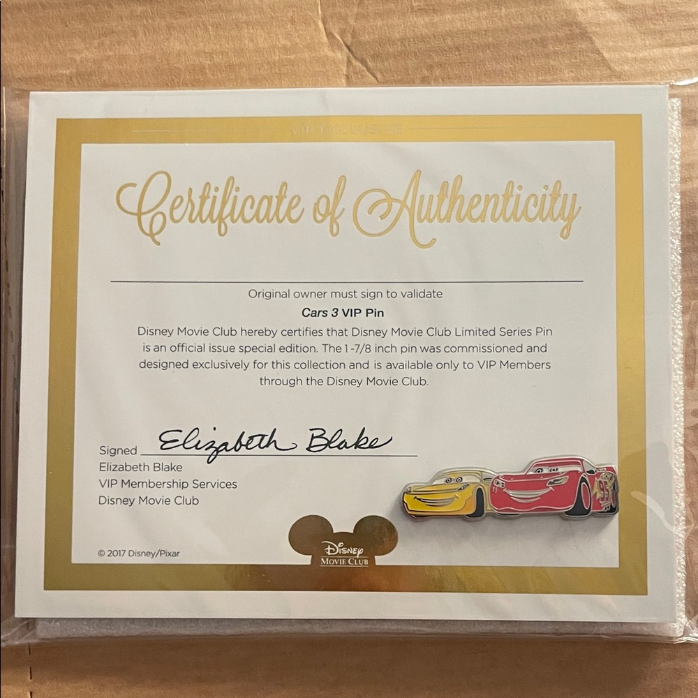 Disney Gold and Red Cars 3 Certificate